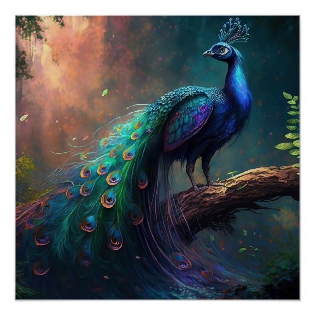 Póster Bello y místico pavo real azul en bosque (Anverso)