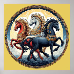 Póster "Bellos caballos místicos rojos, blancos y azules"