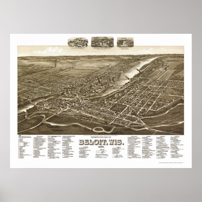 Póster Beloit, WI Mapa Panorámico - 1890 (Frente)