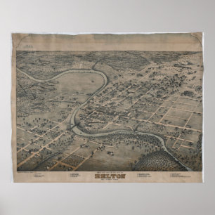 Póster Belton, TX Birds View Panoramic Map 1881