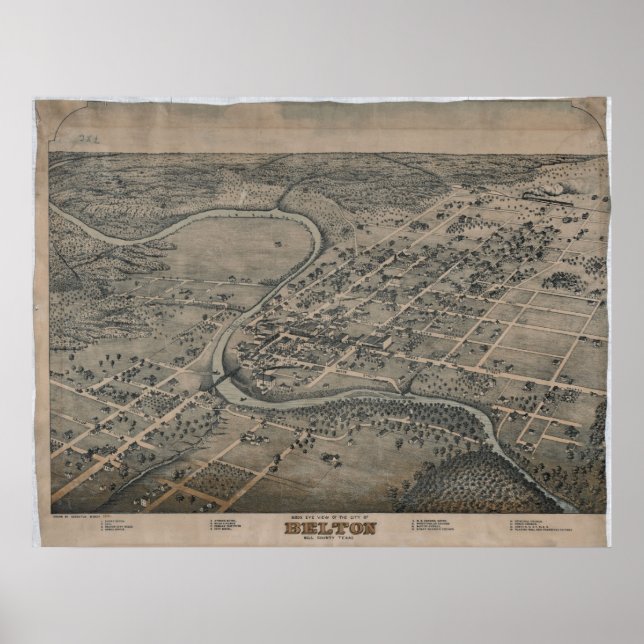 Póster Belton, TX Birds View Panoramic Map 1881 (Frente)