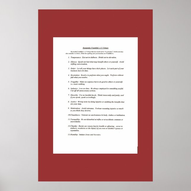 Póster Ben Franklin's 13 Virtues (Frente)