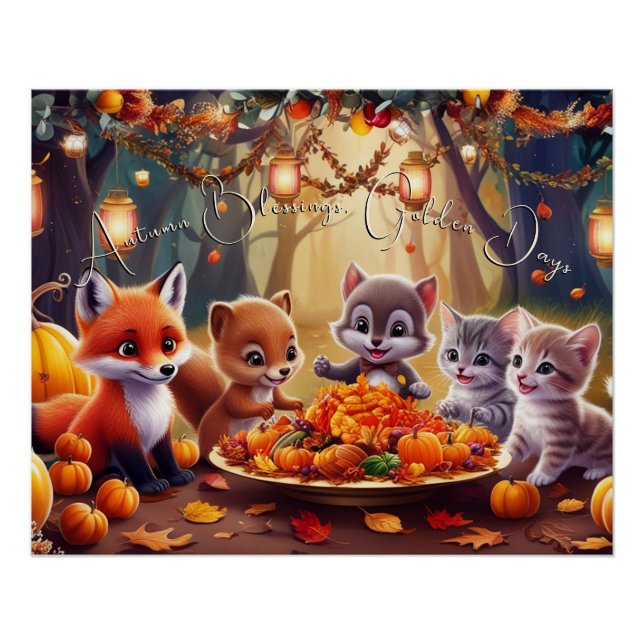 Póster Bendiciones de otoño hojas de oro calabazas animal (Anverso)