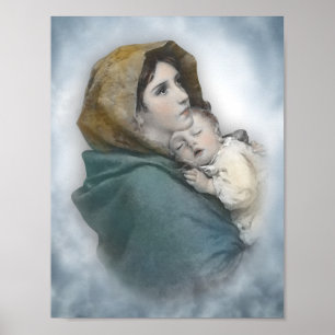 Póster Bendita Madre y Niño Jesús acuarela