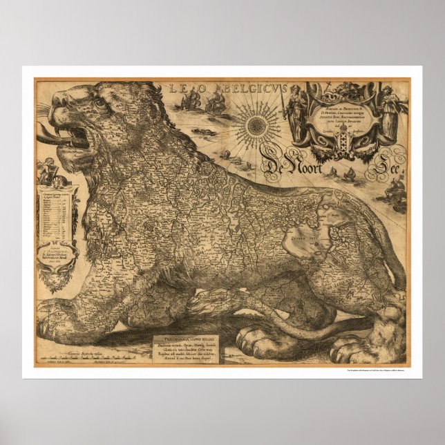 Póster Benelux Leo Belgicus Mapa de Europa 1611 (Frente)