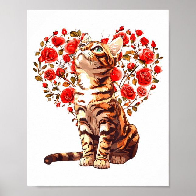 Póster Bengal Cat Valentines Day Floral Heart Design For  (Frente)