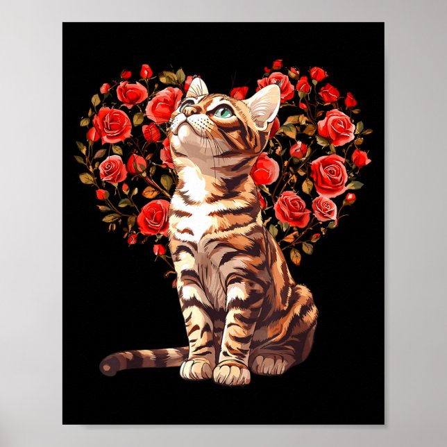Póster Bengal Cat Valentines Day Floral Heart Design For  (Frente)