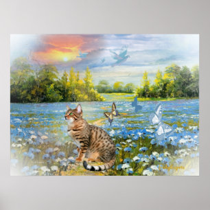 Póster Bengala en la cama de flores azules Imprimir