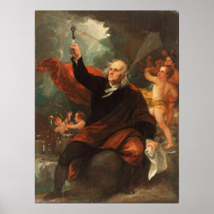 Póster Benjamin Franklin sacando electricidad del cielo