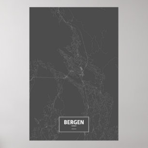 Póster Bergen, Noruega (blanco sobre negro)