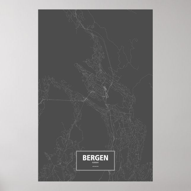 Póster Bergen, Noruega (blanco sobre negro) (Frente)