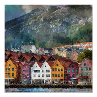 Póster Bergen Noruega Casas Coloridas Hermosas Antiguas