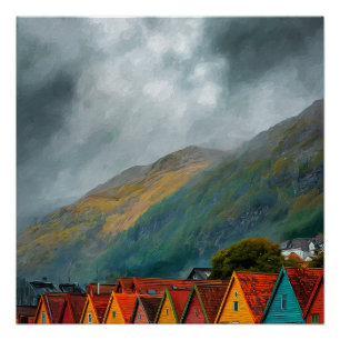 Póster Bergen Noruega Casas de Madera Vibrantes Viaje Ant