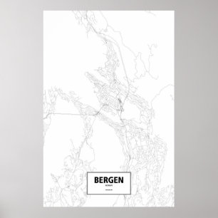 Póster Bergen, Noruega (negro sobre blanco)