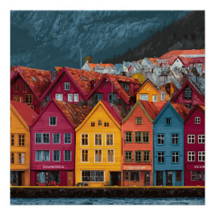Póster Bergen Noruega Pequeño Asentamiento Costero Vintag