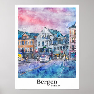 Póster Bergen Noruega Viaje con la mano de un esbozo de a