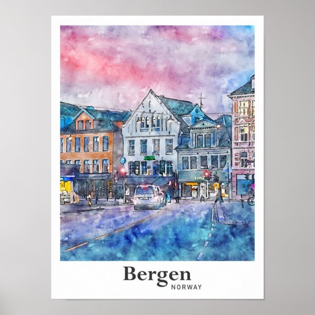 Póster Bergen Noruega Viaje con la mano de un esbozo de a (Frente)