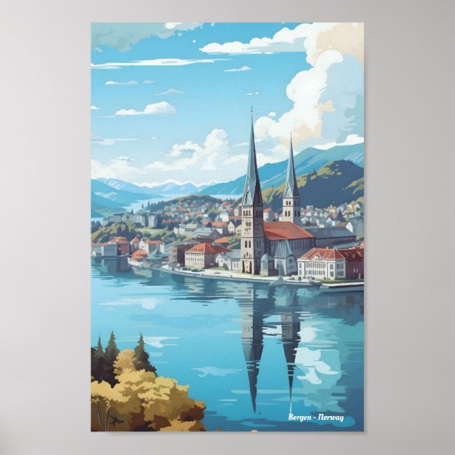 Póster Bergen Noruega Viajes de época (Frente)