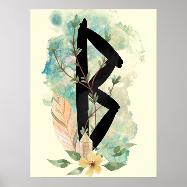 Póster Berkano Floral Green & Yellow Norse Futhark Rune (Frente)
