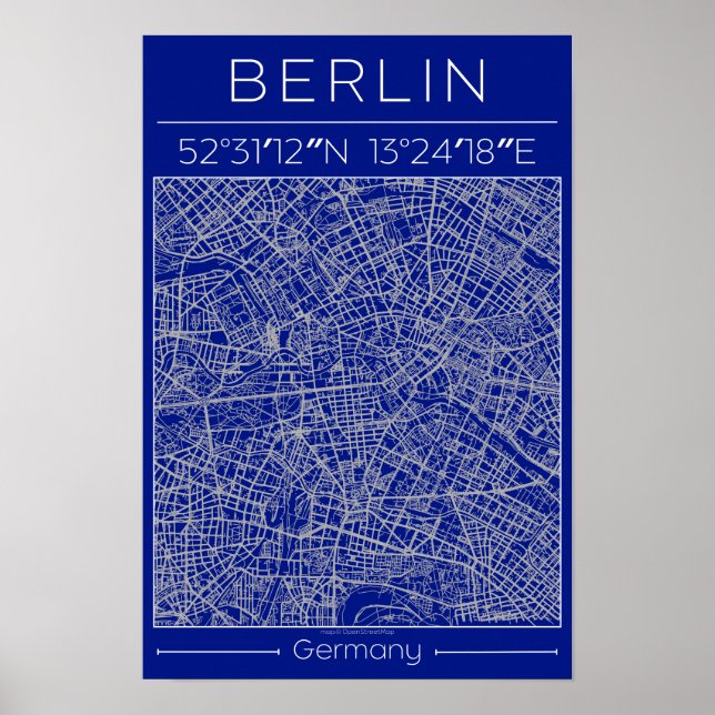 Póster Berlin Blueprint City Map Poster Blue Minimal Urba (Frente)