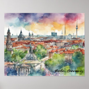 Póster Berlín Colorido Alemania Silueta Acuarela