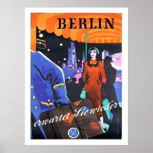 Póster Berlín, mujer frente a un hotel, vintage, viajar