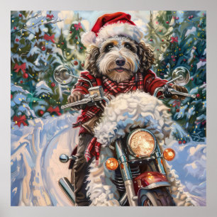 Póster Bernedoodle Dog Riding Motorcycle Christmas