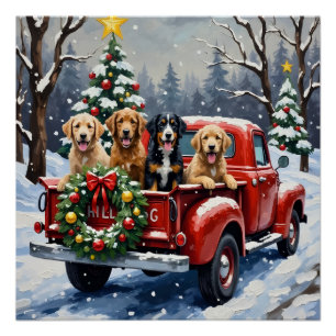 Póster Bernedoodle Navidad Camión Rojo Fiesta