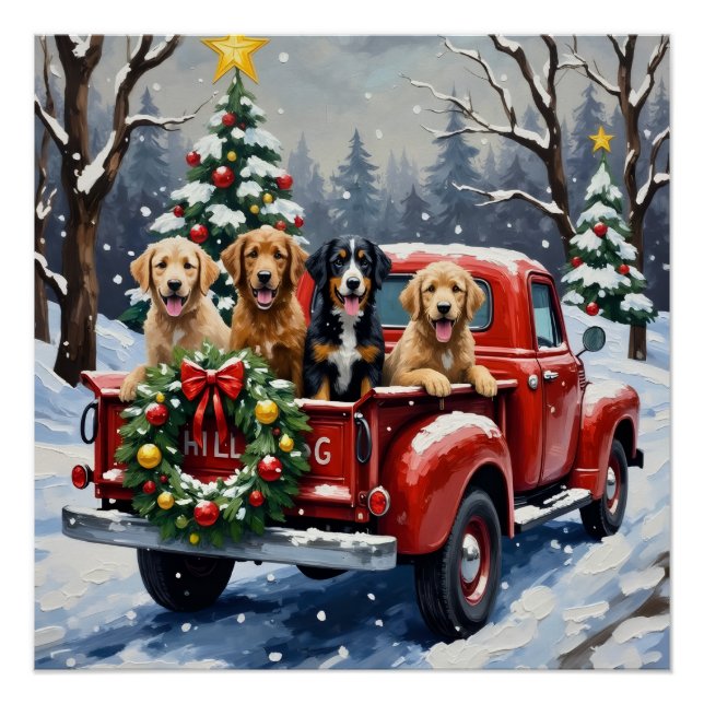 Póster Bernedoodle Navidad Camión Rojo Fiesta (Anverso)