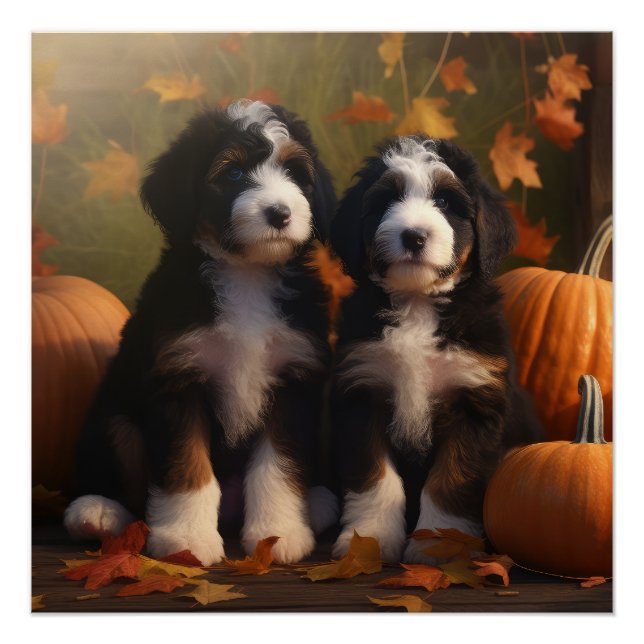 Póster Bernedoodle Puppy Autumn Delight Pumpkin (Anverso)