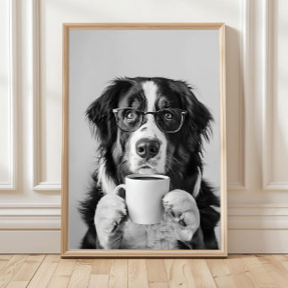 Póster Bernese Mountain Dog and Coffee Wall Art, Black an