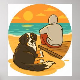 Póster Bernese Mountain Dog Sunset Beach Companion