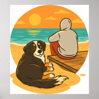 Póster Bernese Mountain Dog Sunset Beach Companion