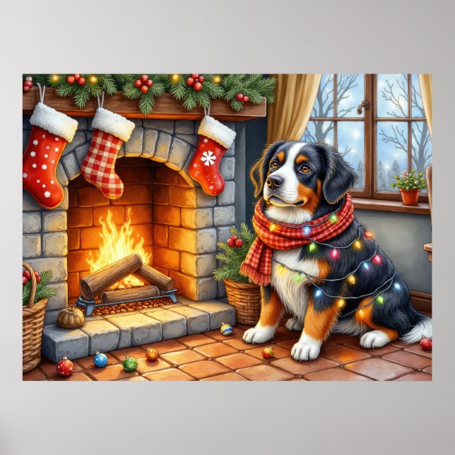 Póster Bernese Mountain Fireplace with Christmas Lights (Frente)