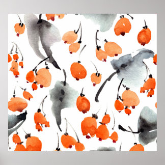 Póster Berries, hojas acuarela, ilustracion de tinta, cos