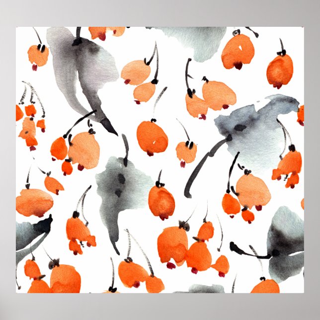 Póster Berries, hojas acuarela, ilustracion de tinta, cos (Frente)