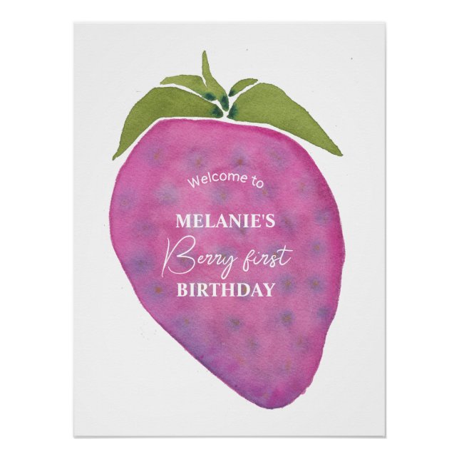 Póster Berry color agua rosa primer cumpleaños bienvenida (Anverso)