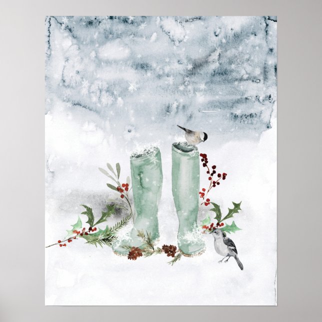 Póster Berry de invierno, aves y nieve (Frente)
