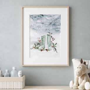Póster Berry de invierno, pájaros y Poster de nieve