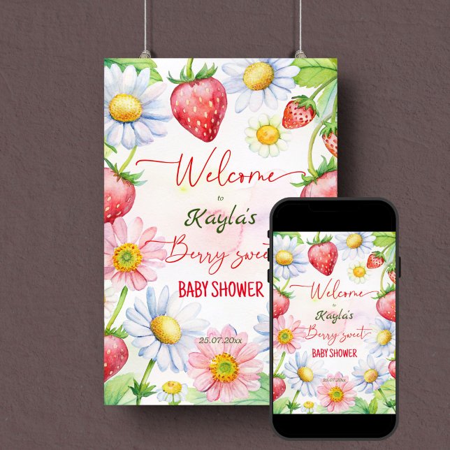 Póster Berry dulce daisy fresa bebé ducha bienvenida (Berry sweet summer garden daisy strawberry baby shower welcome sign poster template instant download)