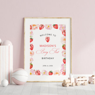 Póster Berry First Birthday Strawberry Bow Welcome
