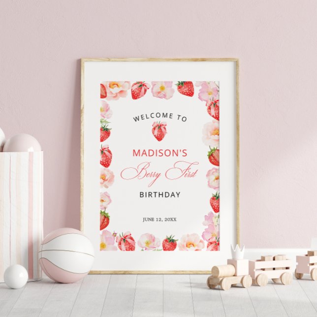 Póster Berry First Birthday Strawberry Bow Welcome (Subido por el creador)