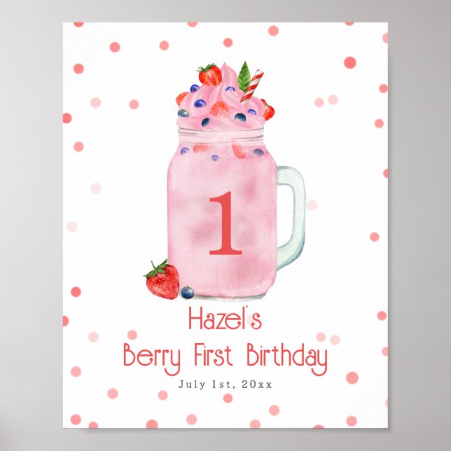 Póster Berry First Birthday Strawberry Smoothie (Frente)