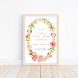 Póster Berry First Strawberry 1er cumpleaños | Bienvenida