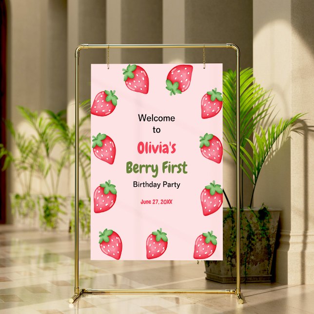 Póster Berry First Strawberry 1er cumpleaños Bienvenida (Berry First Strawberry 1st Birthday Welcome Sign )