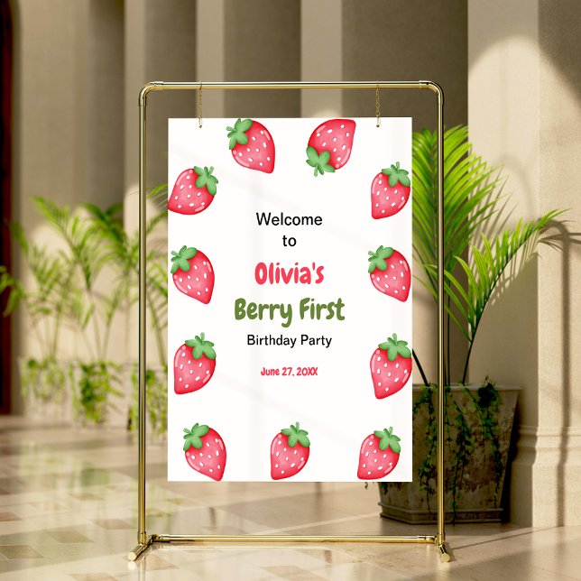 Póster Berry First Strawberry 1er cumpleaños Bienvenida (Berry First Strawberry 1st Birthday Welcome Sign )
