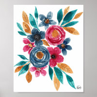 Berry Red Navy Mustard Watercolor Flores Art