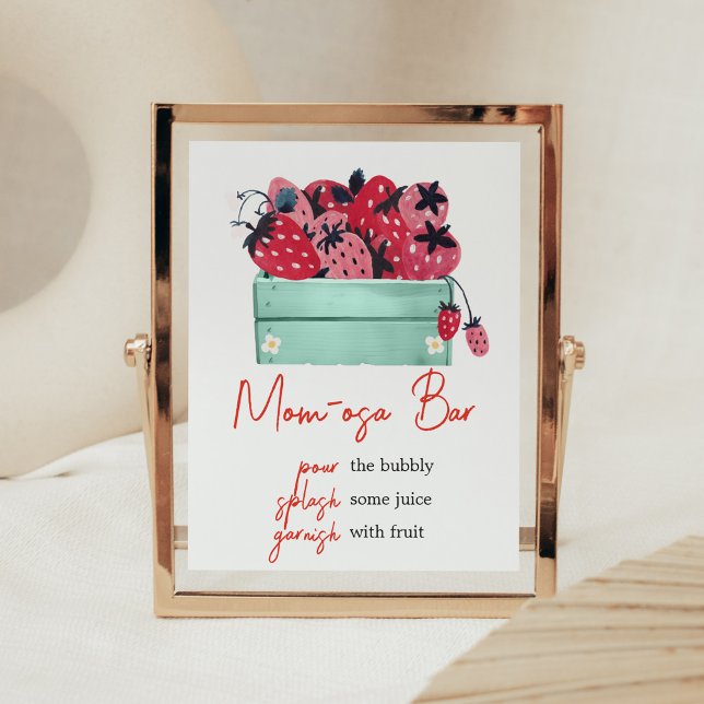 Póster Berry Sweet Baby Shower Mom Osa Bar (Strawberry Baby Shower Mom Osa Bar Sign)