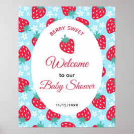 Póster Berry Sweet Blue Strawberry Baby Shower Welcome
