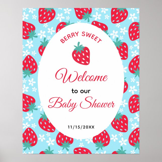 Póster Berry Sweet Blue Strawberry Baby Shower Welcome (Frente)